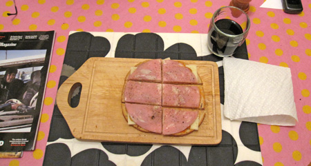 Top with another slice of mortadella, cut and serve with the New York Times Magazine and a tumbler of red wine.